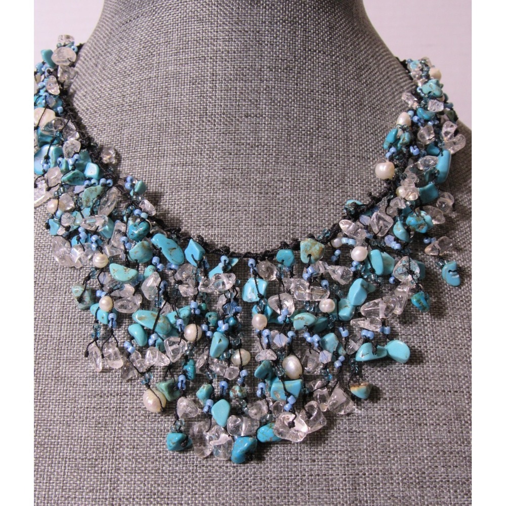 Intricate Turquoise Quartz Pearl Bib Necklace Boho Statement Multi Strand Fringe